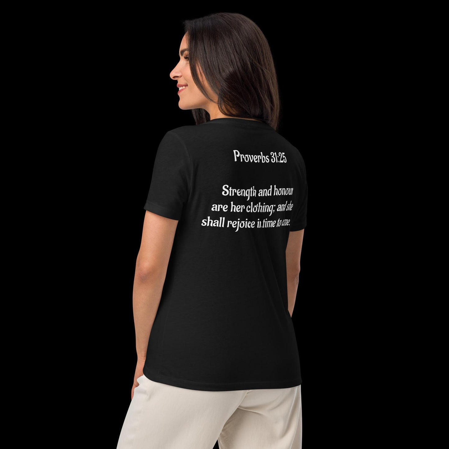 Proverbs 31:25 Women’s relaxed v-neck t-shirt