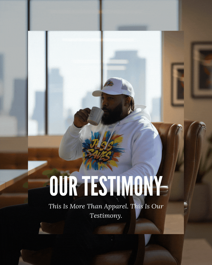 Man wearing a white Christian hoodie with “Jesus Saves” graphic and white cap, sitting in a chair drinking coffee in an office with city skyline view, representing faith-based apparel and Christian lifestyle clothing.