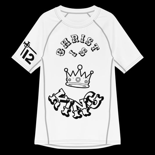 Romans 10:9 Unisex Rash Guard – Christian athletic wear with “Christ is King” graphic and crown design, faith-based UV-protective shirt for men and women, featuring “12T” logo on sleeve.