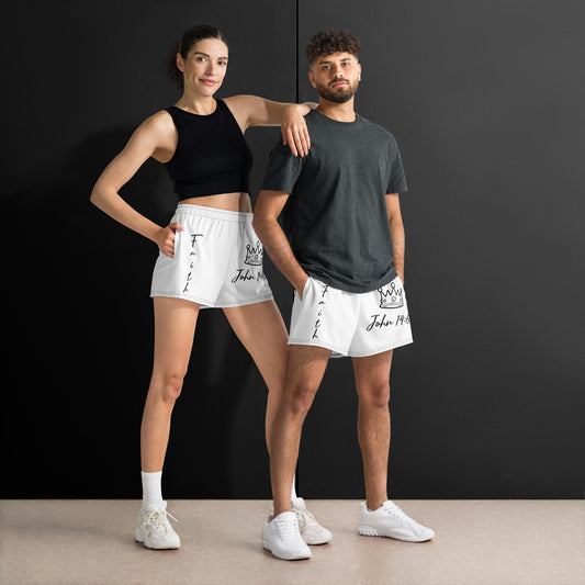 John 14:6 Unisex Christian Athletic Shorts – Faith-inspired white workout shorts featuring crown design, “Faith” text on side, and “John 14:6” Bible verse print, modeled by man and woman in activewear.