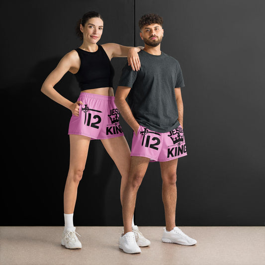 12Testament Jesus Is King Unisex BJJ 'Pink' Athletic Shorts – lightweight training shorts with bold crown design, ideal for Brazilian Jiu-Jitsu, gym, and activewear.