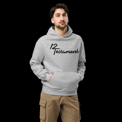 Athletic Heather Christian Hoodie – Unisex oversized hoodie with bold black “12 Testament” script logo, faith-based streetwear for men and women, modeled with cargo pants for a casual look.