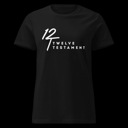 Black Women’s Christian T-Shirt – “12 Twelve Testament” logo printed on front, faith-based minimalist graphic tee made of soft cotton for everyday wear and bold belief statement.